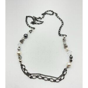 Brighton Multi-Beaded Necklace With Black & White Beads & Gunmetal Chain